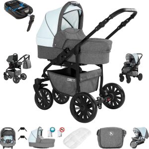 Friedrich Hugo Berlin   4 in 1 Kinderwagen Komplettset   ISOFIX Basis   GEL Reifen   Farbe: Grey and Light Blue Night