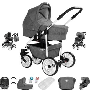 Friedrich Hugo Berlin   3 in 1 Kombi Kinderwagen Set   GEL Reifen   Farbe: Grey and Grey Day