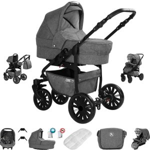 Friedrich Hugo Berlin   3 in 1 Kombi Kinderwagen Set   GEL Reifen   Farbe: Grey and Grey Night