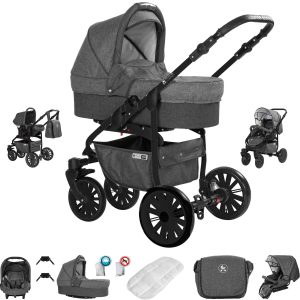 Friedrich Hugo Berlin   3 in 1 Kombi Kinderwagen Set   GEL Reifen   Farbe: Dark Grey and Grey Night