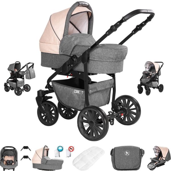 Friedrich Hugo Berlin   3 in 1 Kombi Kinderwagen Set   GEL Reifen   Farbe: Grey and Beige Night