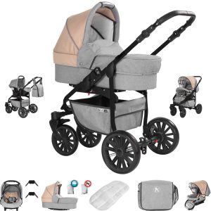 Friedrich Hugo Berlin   3 in 1 Kombi Kinderwagen Set   GEL Reifen   Farbe: Light Grey and Beige Night