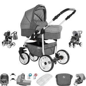 Friedrich Hugo Berlin   3 in 1 Kombi Kinderwagen Set   GEL Reifen   Farbe: Grey and Light Grey Day