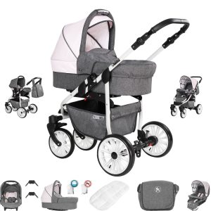 Friedrich Hugo Berlin   3 in 1 Kombi Kinderwagen Set   GEL Reifen   Farbe: Grey and Light Rose Day