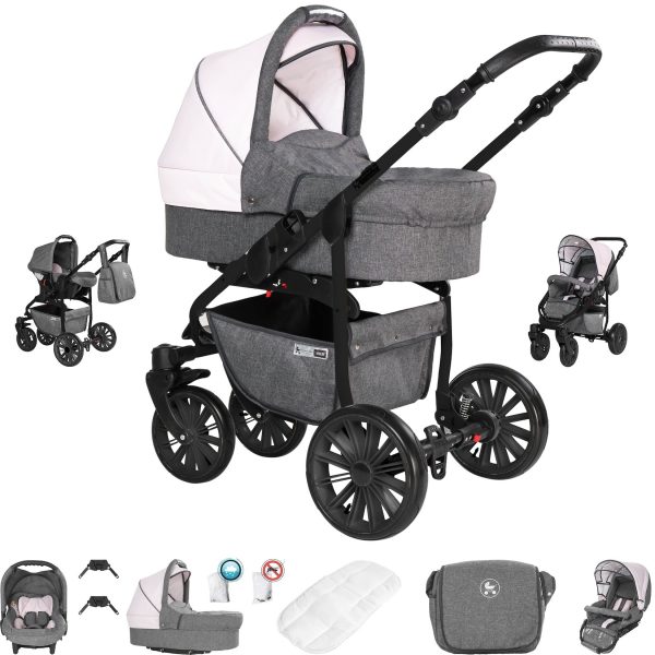 Friedrich Hugo Berlin   3 in 1 Kombi Kinderwagen Set   GEL Reifen   Farbe: Grey and Light Rose Night