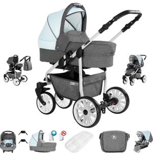 Friedrich Hugo Berlin   3 in 1 Kombi Kinderwagen Set   GEL Reifen   Farbe: Grey and Light Blue Day