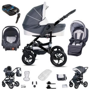 Friedrich Hugo Münster   4 in 1 Kinderwagen Komplettset   ISOFIX Basis   Luftreifen   Farbe: Grey & White