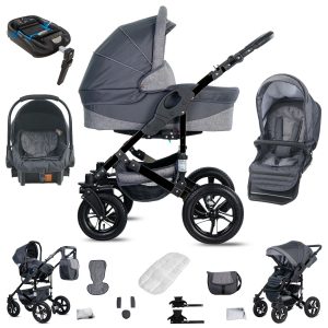 Friedrich Hugo Münster   4 in 1 Kinderwagen Komplettset   ISOFIX Basis   Luftreifen   Farbe: Grey & Grey Linen