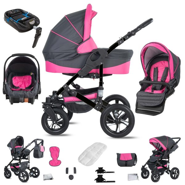 Friedrich Hugo Münster   4 in 1 Kinderwagen Komplettset   ISOFIX Basis   Luftreifen   Farbe: Grey & Pink