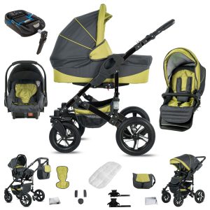 Friedrich Hugo Münster   4 in 1 Kinderwagen Komplettset   ISOFIX Basis   Luftreifen   Farbe: Grey & Green