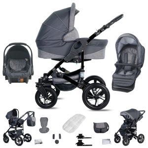 Friedrich Hugo Münster   3 in 1 Kombi Kinderwagen Set   Hartgummireifen   Farbe: Grey & Grey Linen