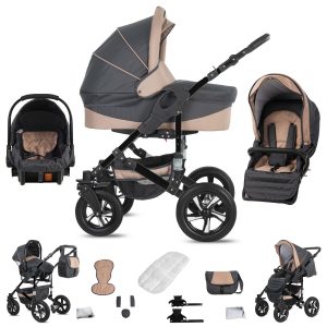 Friedrich Hugo Münster   3 in 1 Kombi Kinderwagen Set   Hartgummireifen   Farbe: Grey & Beige