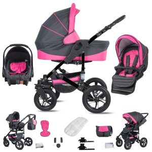 Friedrich Hugo Münster   3 in 1 Kombi Kinderwagen Set   Hartgummireifen   Farbe: Grey & Pink