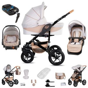 Friedrich Hugo Münster   4 in 1 Kinderwagen Komplettset   ISOFIX Basis   Hartgummireifen   Farbe: Cream & Beige