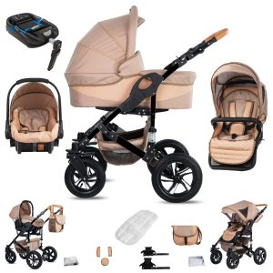 Friedrich Hugo Münster   4 in 1 Kinderwagen Komplettset   ISOFIX Basis   Hartgummireifen   Farbe: Beige & Oatmeal