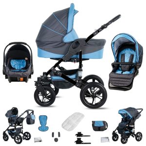 Friedrich Hugo Münster   3 in 1 Kombi Kinderwagen Set   Luftreifen   Farbe: Grey & Babyblue