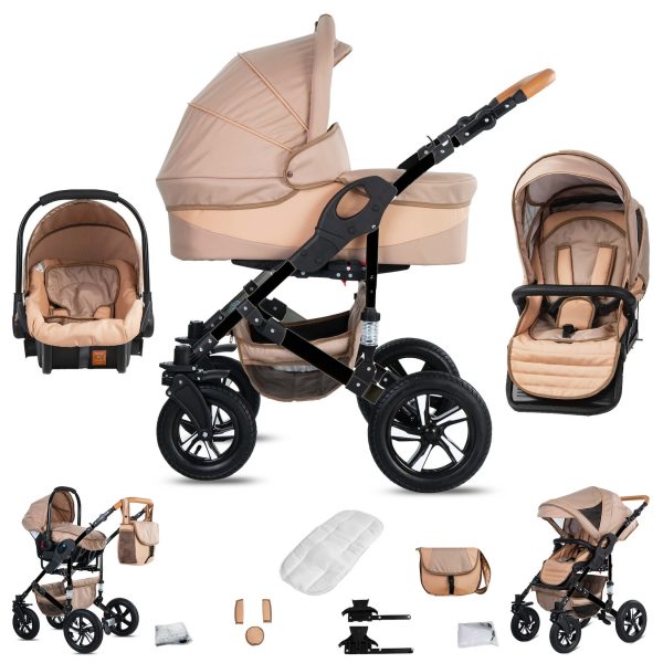 Friedrich Hugo Münster   3 in 1 Kombi Kinderwagen Set   Luftreifen   Farbe: Beige & Oatmeal