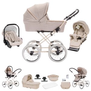 Friedrich Hugo Natureline   3 in 1 Kombi Kinderwagen Set   Öko Nostalgie Kinderwagen   Farbe: Elisabeth Creme