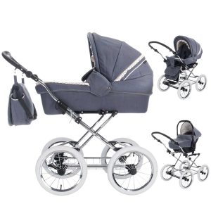 Friedrich Hugo Natureline   3 in 1 Kombi Kinderwagen Set   Öko Nostalgie Kinderwagen   Farbe: Elisabeth Stone Silver