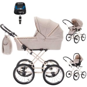 Friedrich Hugo Natureline   4 in 1 Kinderwagen Komplettset   ISOFIX Basis   Öko Nostalgie Kinderwagen   Farbe: Hugo Creme