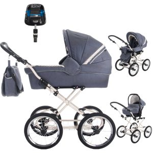 Friedrich Hugo Natureline   4 in 1 Kinderwagen Komplettset   ISOFIX Basis   Öko Nostalgie Kinderwagen   Farbe: Hugo Stone Creme