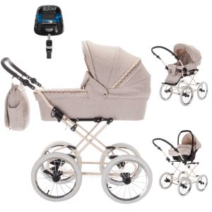 Friedrich Hugo Natureline   4 in 1 Kinderwagen Komplettset   ISOFIX Basis   Öko Nostalgie Kinderwagen   Farbe: Elisabeth Creme