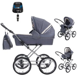 Friedrich Hugo Natureline   4 in 1 Kinderwagen Komplettset   ISOFIX Basis   Öko Nostalgie Kinderwagen   Farbe: Hugo Stone Silver