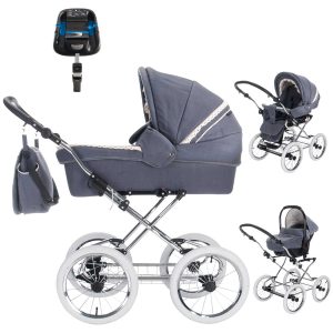 Friedrich Hugo Natureline   4 in 1 Kinderwagen Komplettset   ISOFIX Basis   Öko Nostalgie Kinderwagen   Farbe: Elisabeth Stone Silver