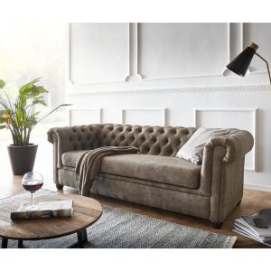 Couch Chesterfield 3-Sitzer Vintage Taupe Abgesteppt