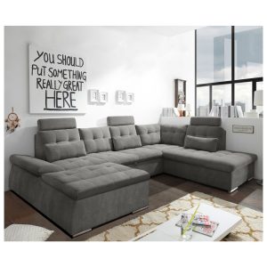 Couch Nane Strukturgewebe Steingrau 324 x 170 cm Ottomane Rechts Schlaffunktion und Bettkasten