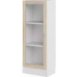 Regal 4 Ablagen Glastür weiss Eiche Holz Standregal Vitrine Bücherregal Wandregal