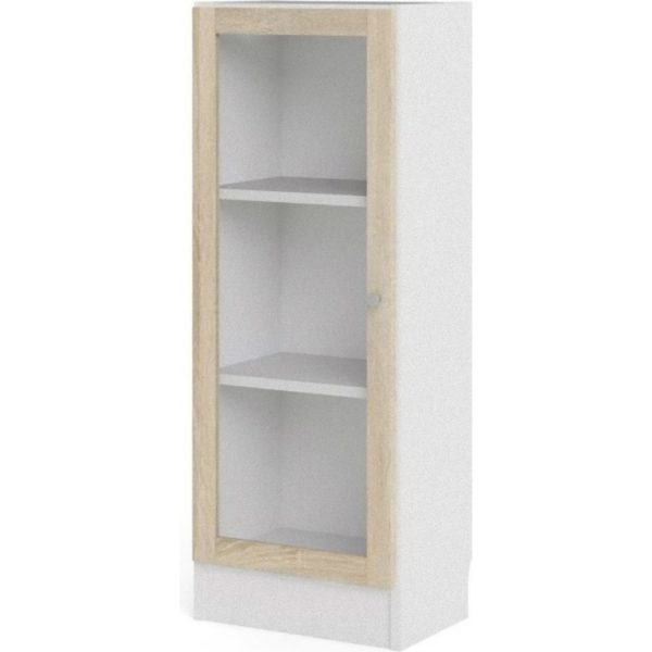 Regal 4 Ablagen Glastür weiss Eiche Holz Standregal Vitrine Bücherregal Wandregal