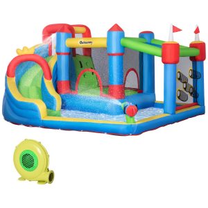 Outsunny Hüpfburg mit Gebläse bunt 390L x 300B x 197H cm   wasserpark  aufblasbare hüpfburg mit gebläse  wasserspielcenter