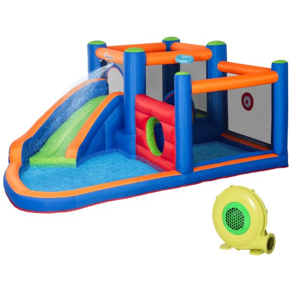 Outsunny Hüpfburg mit Gebläse bunt 380L x 340B x 170H cm   aufblasbare hüpfburg  wasserpark  aufblasbare wasserspielcenter