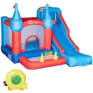 Outsunny Hüpfburg mit Pool bunt 333L x 280B x 210H cm   hüpfburg kinder indoor  hüpfburg mit gebläse  kinderpool mit rutsche