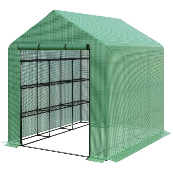 Outsunny Foliengewächshäus mit Regalböden grün 244L x 182B x 213H cm   treibhaus mit regalböden begehbares gartenhäuschen