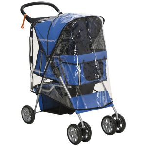 PawHut Hundebuggy mit Regenverdeck blau 75L x 45B x 97H cm   hundewagen mit korb  faltbarer hundetrolley  katzenbuggy  katzenwagen