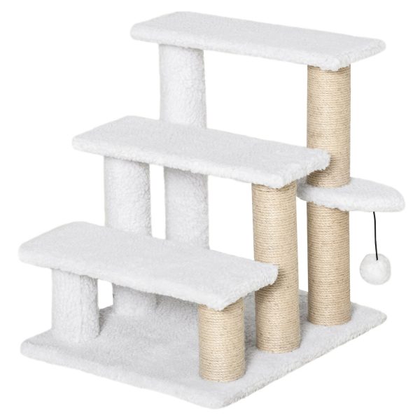 PawHut Haustiertreppe mit Ball weiß 45L x 40B x 48H cm   haustiertreppe plüschball für kätzchen katzenmöbel kratzbrett