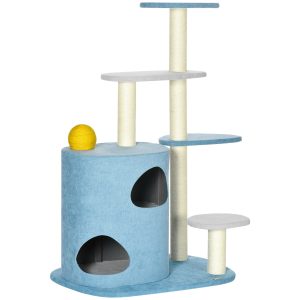 PawHut Kratzbaum mit Spielball blau 87L x 60B x 122H cm   kletterbaum mit katzenhaus  katzenbaum mit spielball  katzenmöbel