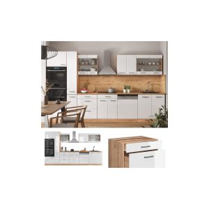 Vicco Küchenzeile Küchenblock Einbauküche R-Line 350 cm Eiche Weiß Hochglanz Küche