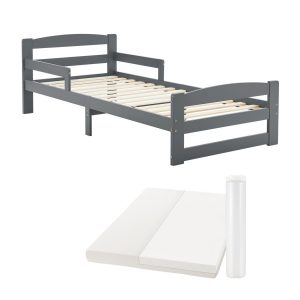 Juskys Jugendbett Arona 90x200 cm aus Massivholz mit Matratze H3 und Rausfallschutz in Grau