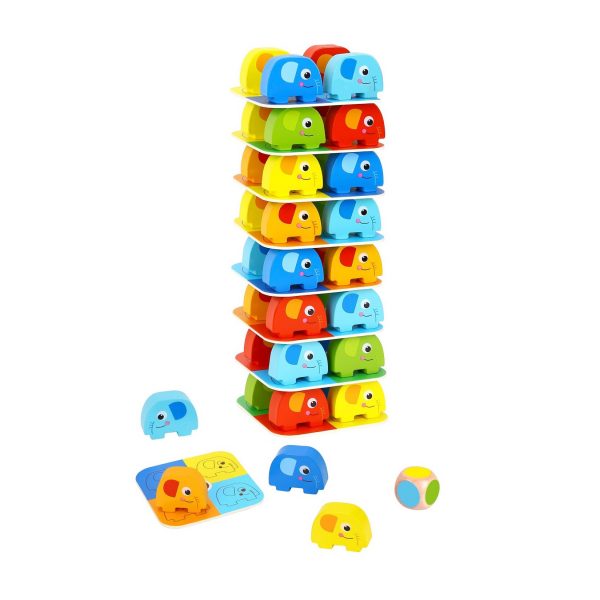 Tooky Toy Stapelturm TKF070A 46 Teile Höhe 38 cm Elefanten Würfel Balancierspiel bunt