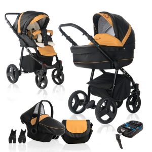 Bebebi Fizzy   4 in 1 Kinderwagen Komplettset   ISOFIX Basis   Hartgummireifen   Farbe: Mango