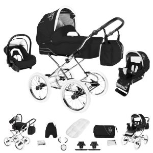 Bebebi Loving   3 in 1 Kombi Kinderwagen Set   Nostalgie Kinderwagen   Farbe: Black Tender