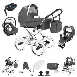 Bebebi Loving   4 in 1 Kinderwagen Komplettset   ISOFIX Basis   Nostalgie Kinderwagen   Farbe: Grey Tender