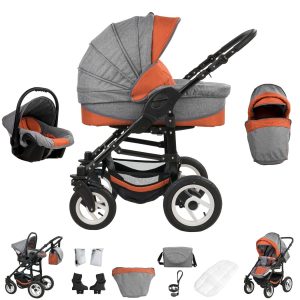 Bebebi Florenz   3 in 1 Kombi Kinderwagen Set   Luftreifen   Farbe: Spirito Orange Black