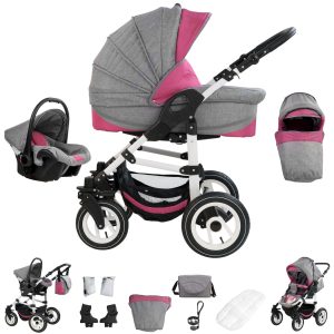 Bebebi Florenz   3 in 1 Kombi Kinderwagen Set   Luftreifen   Farbe: Davanzati Pink White