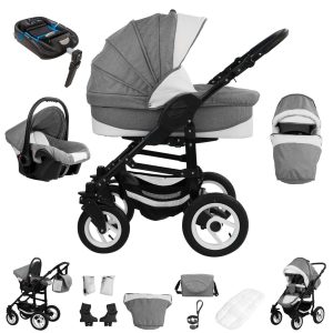 Bebebi Florenz   4 in 1 Kinderwagen Komplettset   ISOFIX Basis   Luftreifen   Farbe: Galileo Lightgrey Black