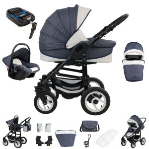 Bebebi Florenz   4 in 1 Kinderwagen Komplettset   ISOFIX Basis   Luftreifen   Farbe: Neptun Blue Black