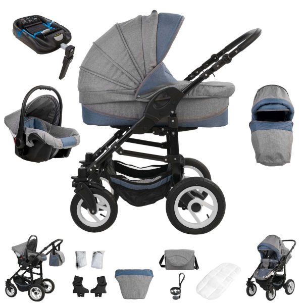 Bebebi Florenz   4 in 1 Kinderwagen Komplettset   ISOFIX Basis   Luftreifen   Farbe: Da Vinci Blue Black